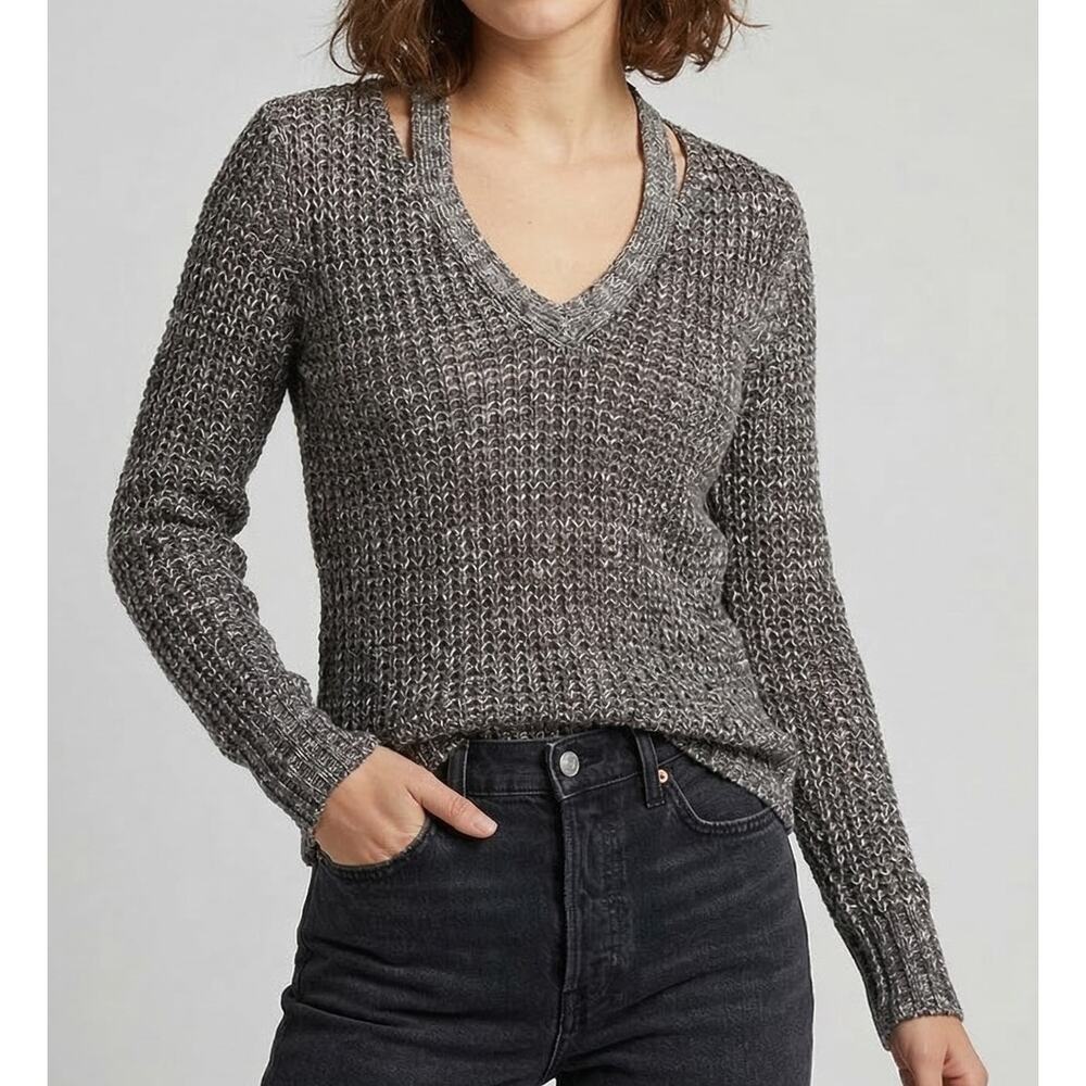 American Eagle Sweater XS Brown V Neck Flecks of White Asymmetrical Hem